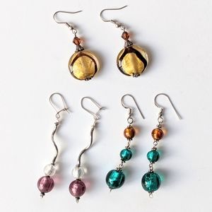 3 Pairs Of Glass Bead & Silver Earrings